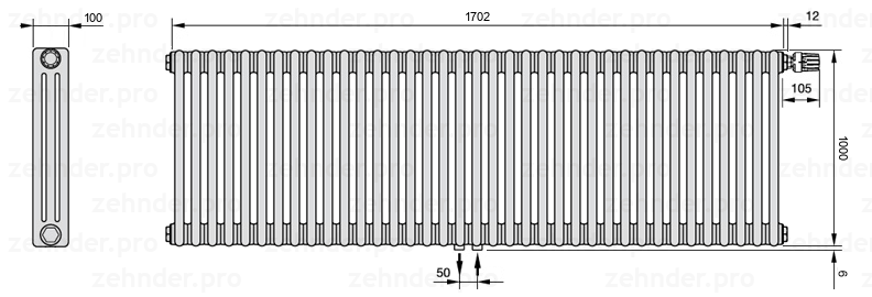 Схема (чертеж) Радиатор Zehnder Charleston 3100/37 №V008 Белый глянцевый RAL 9016